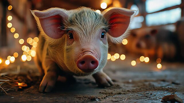 Adorable baby pig is on a farm. Created with Generative AI.