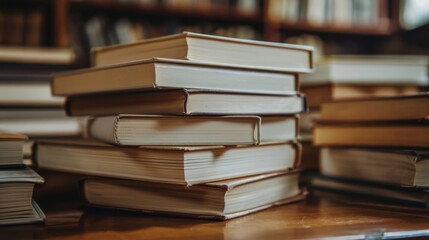 Stack of Books on a Wooden Table in Library Setting