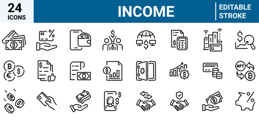Set of web line icon related to income, salary, money, business. Outline icon collection. Editable stroke. Vector illustration
