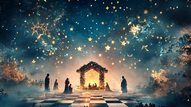 Fantastical nativity scene featuring floating elements, abstract forms, and a checkerboard ground, blending reality with dreamlike surrealism. Nativity scene, New Year, Christmas