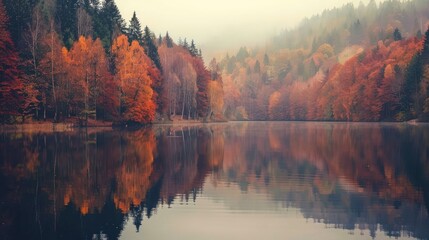 Fototapeta premium Autumnal Forest Reflecting on a Misty Lake