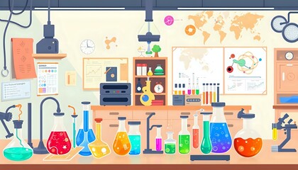 Vibrant Lab Scene with Scientists at Work - Cluttered Desk, Experiment Equipment