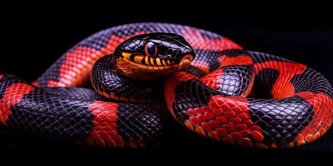 Fototapeta premium South american tricolor milk snake coiled on black background