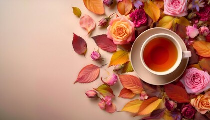 A tranquil autumn flat lay featuring a cozy cup of tea surrounded by colorful leaves and blooming roses. Generative AI