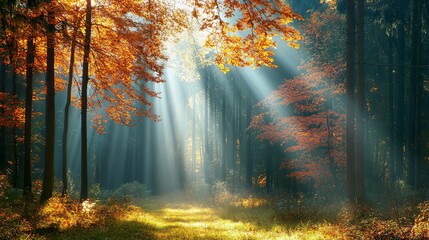 Colorful autumn forest with sunlight filtering through the trees. 