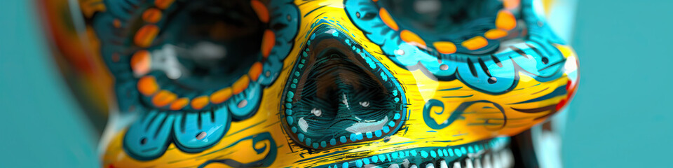 A close-up of a Mexican skull, painted with bright hues of blue and yellow, symbolizing the Day of the Dead celebration.