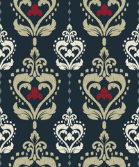 Ikat floral seamless pattern, design, motif ethnic handmade, Ikat ethnic tribal, boho colors seamless wallpaper. Embroidery abstract background art. Vector Illustration for silk, scarf, carpet, rug.