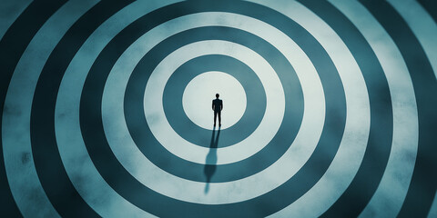 Businessman standing in center of target symbol on floor