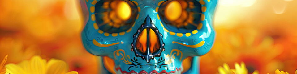 A close-up of a Mexican skull, painted with bright hues of blue and yellow, symbolizing the Day of the Dead celebration.