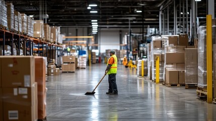 A worker in a reflective vest sweeps the clean floor of a busy warehouse, ensuring orderliness
