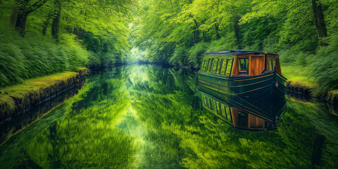 Obraz premium Canal boat moored on a reflective canal in a lush green forest