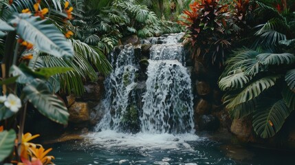 Tranquil Waterfall in Lush Tropical Foliage