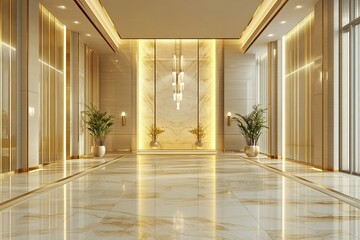 modern yellow and beige hotel entrance design with elegant lamps and luxury marble floor 