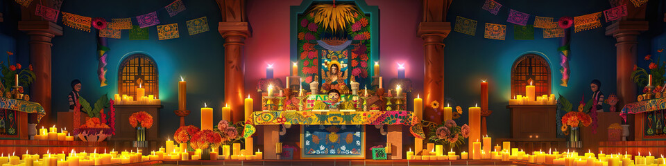 An intricately decorated altar, adorned with colorful papel picado and candles, showcasing the vibrant rituals of the Mexican religion.