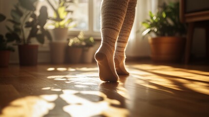 Bare Feet Dancing on Sunlit Wooden Floor in Cozy Home, Warm Interior with Potted Plants, Graceful Movement, Natural Light, Peaceful Atmosphere, Generated AI