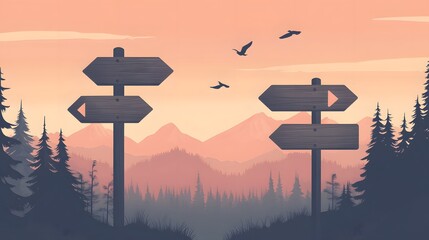 A minimalist vector illustration of an old wooden signpost with arrows pointing in different directions, set against a pastel background