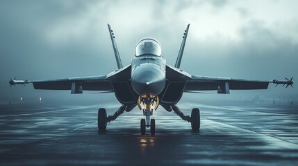 A sleek fighter jet stands poised on a runway, shrouded in mist, showcasing its powerful design and military prowess.