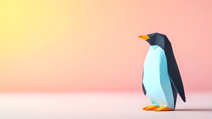 Obraz premium Minimalist Origami Penguin on Pastel Pink Background with Copyspace