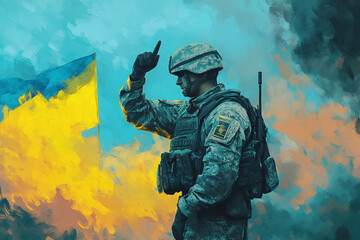 Fototapeta premium Saluting Soldier with Ukraine Flag 