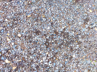 Small gray, white, and black gravel rocks scattered across the ground. background, texture, pattern, frame, place for text, copy space