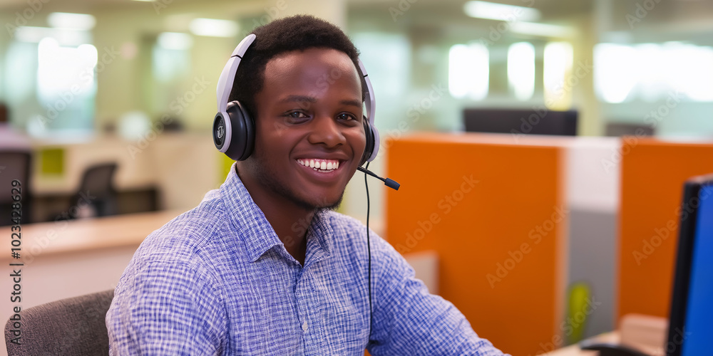 Poster Smiling customer service representative working in call center office