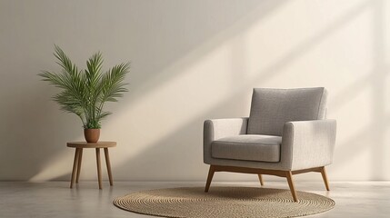 Fototapeta premium Minimalist Living Room with Armchair and Potted Plant, Modern Interior Design, Cozy Furniture, Scandinavian Style, Home Decor Inspiration, Simple Aesthetic, Generated AI