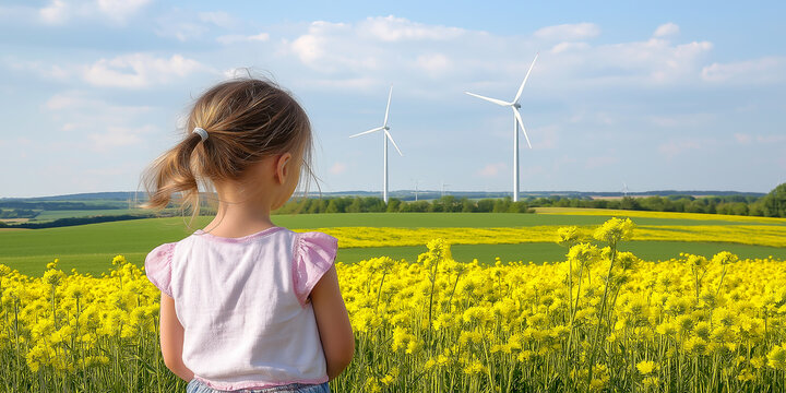 Little girl looking at wind turbines in a canola field