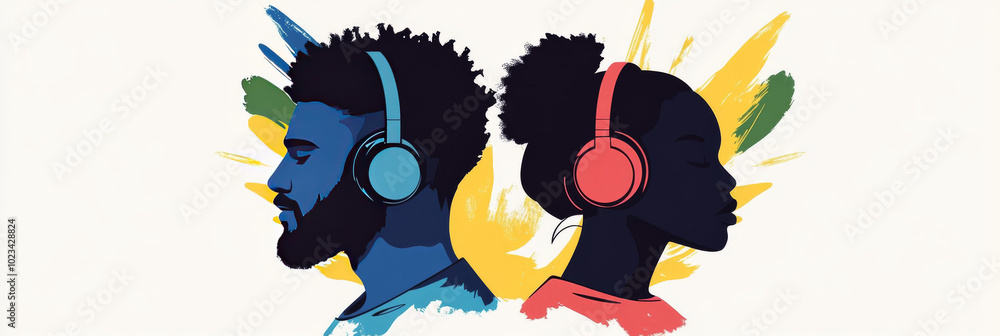 Canvas Prints Two people, a man and a woman, listen to music in their headphones.  A graphic design illustration.