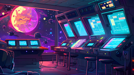 Obraz premium Virtual pixel observatory, digital constellation trading charts, 8-bit space lounge, crypto mining galaxy visualization, retro gaming planet views, blockchain satellite dishes, arcade-style space debr