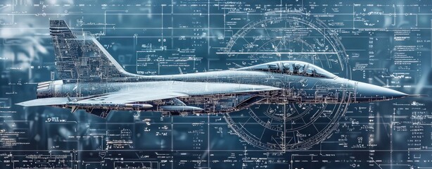 A futuristic jet aircraft is depicted, integrated with digital overlays, suggesting advanced technology and aviation.