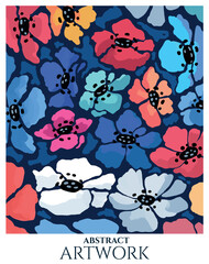 illustration of bright colorful flowers mid century modern style with semi watercolor texture