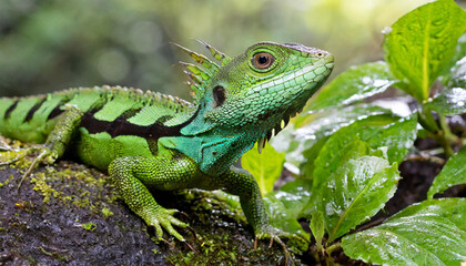 Obraz premium Green Lizard in a Lush Forest Habitat