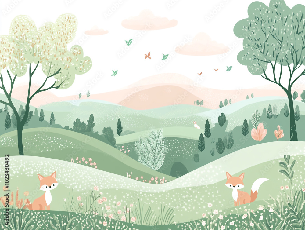 Wall mural a whimsical cartoon landscape with rolling hills, trees, and animals in pastel colors.