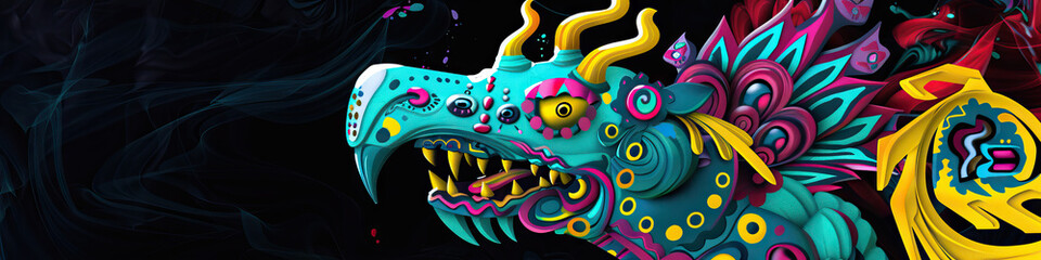 Fototapeta premium A contemporary rendering of a traditional Oaxacan alebrije figure, painted with vivid hues of turquoise, magenta, and yellow on a deep black abstract background.