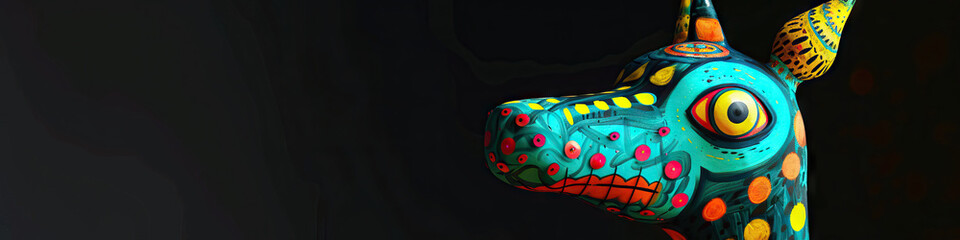 Obraz premium A contemporary rendering of a traditional Oaxacan alebrije figure, painted with vivid hues of turquoise, magenta, and yellow on a deep black abstract background.