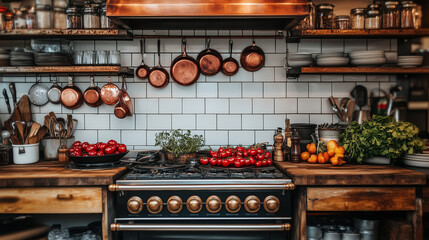 Rustic Kitchen with Copper Pots & White Subway Tiles
