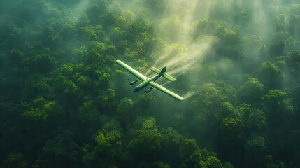 light green aircraft gliding gracefully above lush verdant forests symbolizing ecofriendly innovation and sustainable travel with soft sunlight filtering through the trees