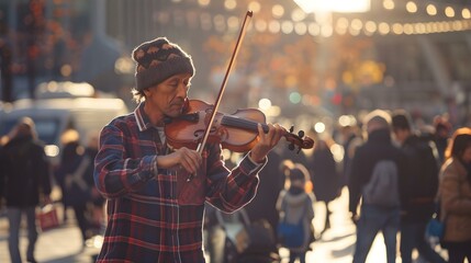 Fototapeta premium Street violinist performing in a bustling city market