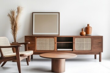 Modern Living Room with Wooden Furniture, a Vase, and a Framed Picture