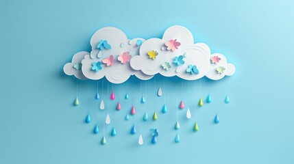 Colorful Cloud with Raindrops and Flowers Decoration