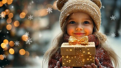A joyful child holds a beautifully wrapped gift in a winter setting with glowing lights around