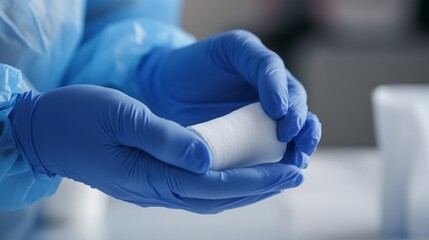 Close-Up of Gloved Hands Holding Medical Bandage in a Clinical Setting. Healthcare, Medicine, and Patient Treatment, Generated AI