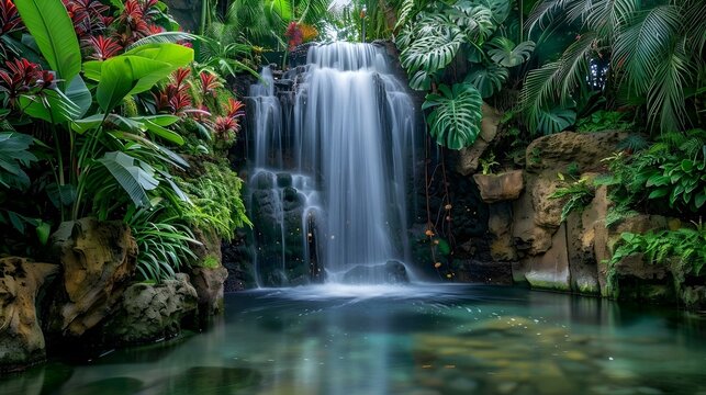 Serene tropical waterfall cascading into a lush jungle pool