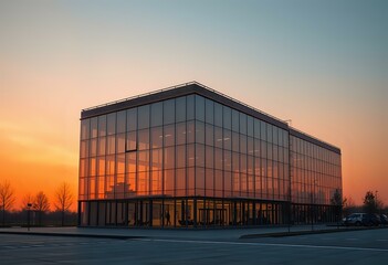 Modern Glass Office Building at Sunset with Trees and Parking Lot