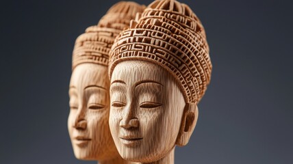 Intricate wooden sculptures of serene faces with detailed headpieces.