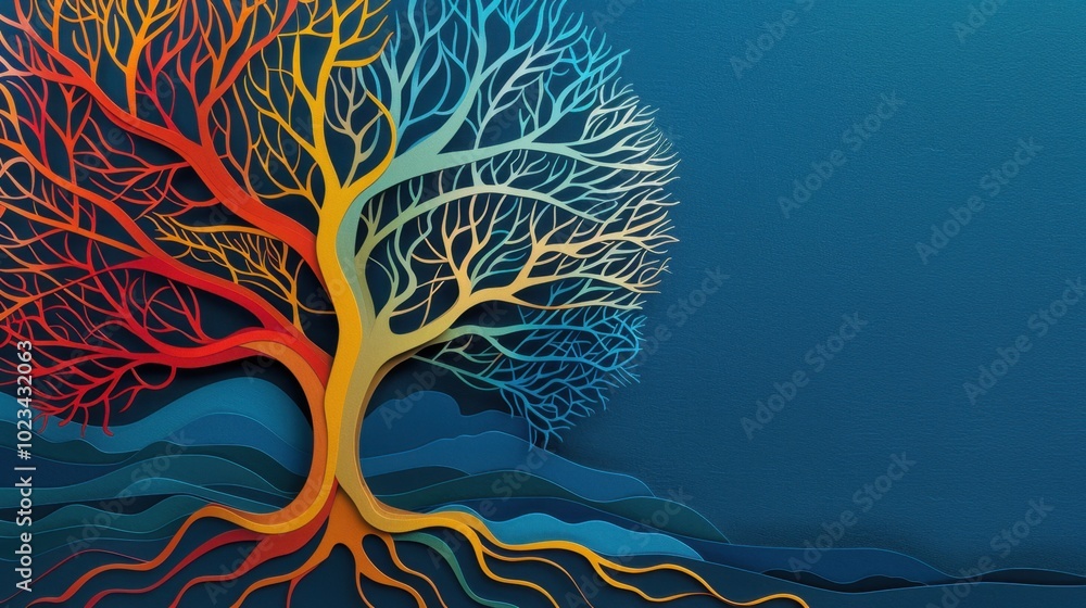 Poster vibrant abstract tree with colorful branches and roots