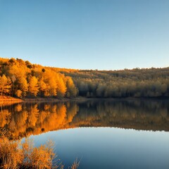 Obraz premium Serene Nature Scene: Blue Sky Reflected in Calm Lake with Ripples