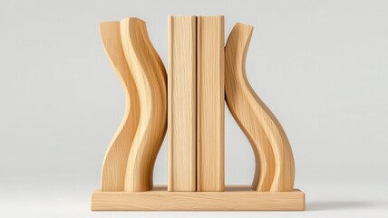 Stylish wooden bookend with a unique wavy design on a white isolated background.