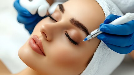 
Image of a beautiful young lady receiving facial dermapen microneedling treatment in beauty salon
