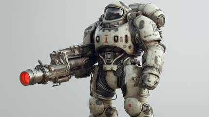 Futuristic astronaut holding large weapon posing in studio